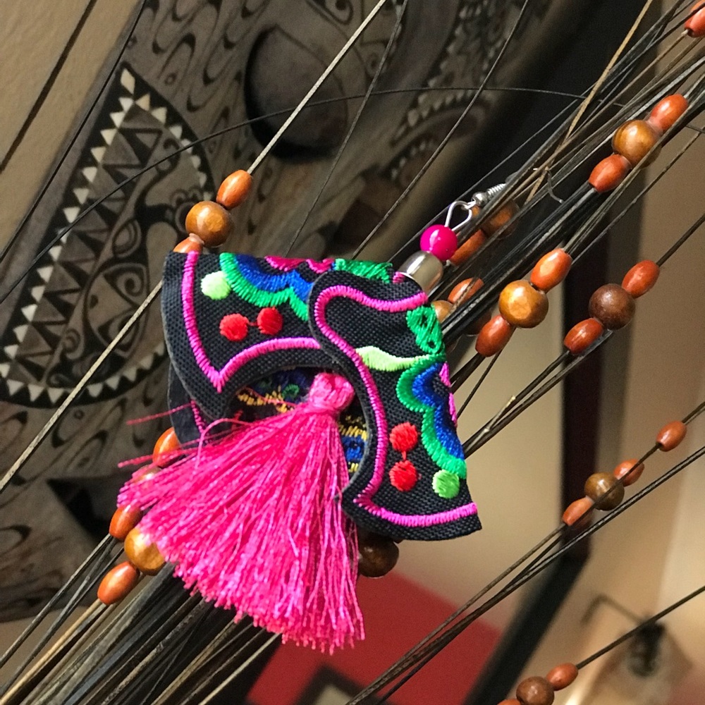 Beautiful Floral Boho Embroidered Tassel Earrings - Picture 2 of 3